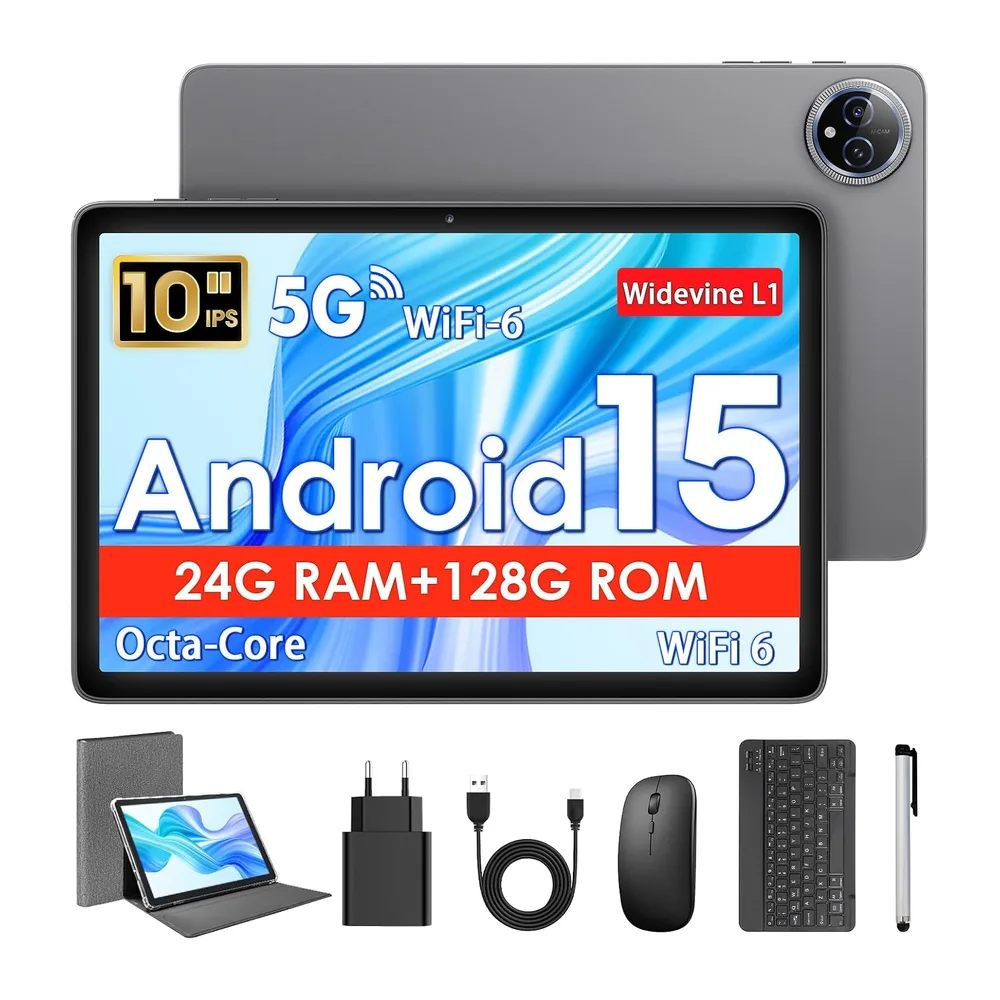 Tablet 10 Inch, Android 15 Tablets met Hoes, Muis & Toetsenbord, Octa-Core, 24 GB RAM + 128 GB ROM + 1 TB TF,