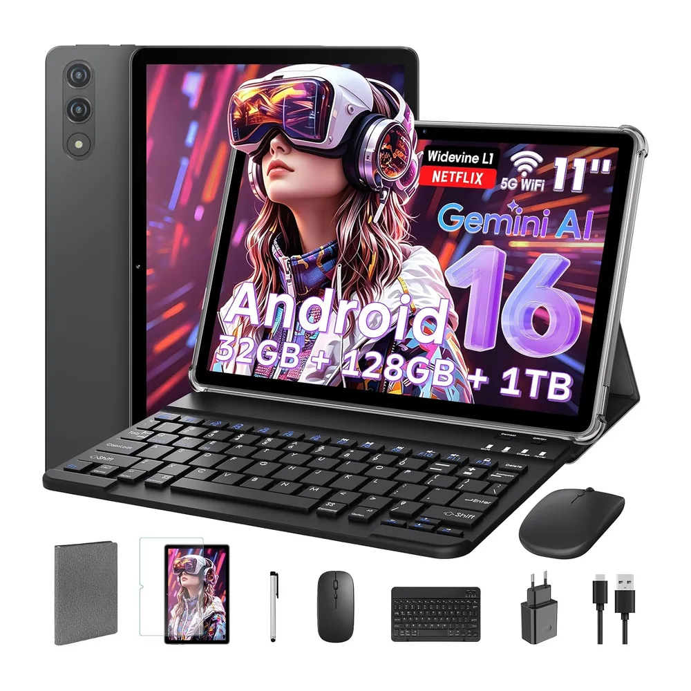 11 Inch Tablet met toetsenbord｜ Android 16 met Gemini AI｜ 32GB RAM + 128GB ROM (1TB TF)｜1920*1200 90Hz
