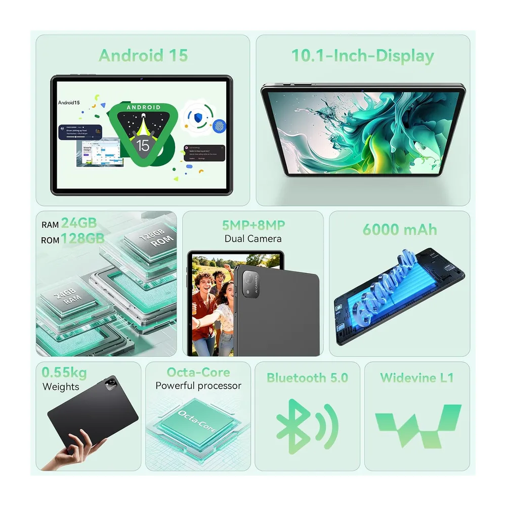 UBDXBD Android 15 tablet, 10,1 inch, 128 gigabyte opslag