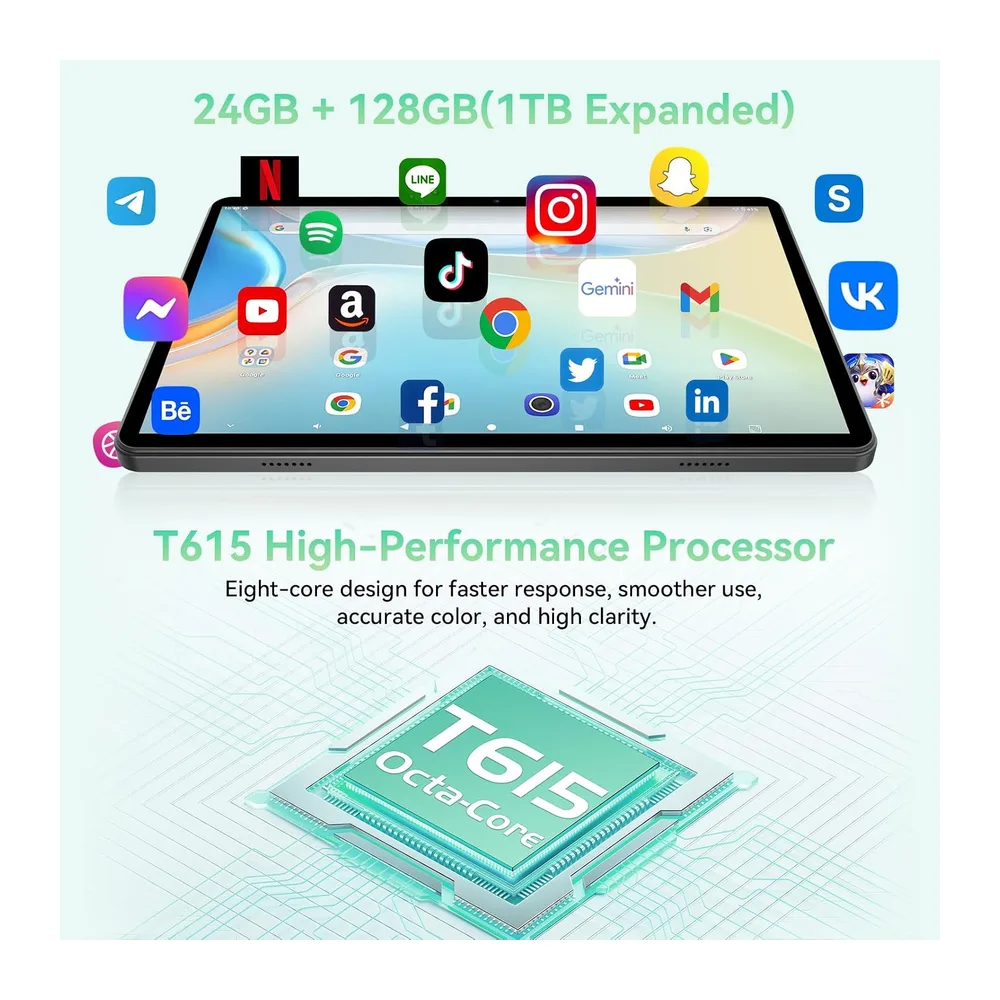 Tablette Android 15, Tablette 10 Pouces, 24Go RAM (8+16) 128Go ROM, T615 Octa-Core, TF 1To Extensible, WiFi 5G/2.4GHz, W