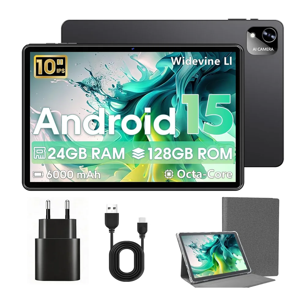 Tablette Android 15, Tablette 10 Pouces, 24Go RAM (8+16) 128Go ROM, T615 Octa-Core, TF 1To Extensible, WiFi 5G/2.4GHz, W