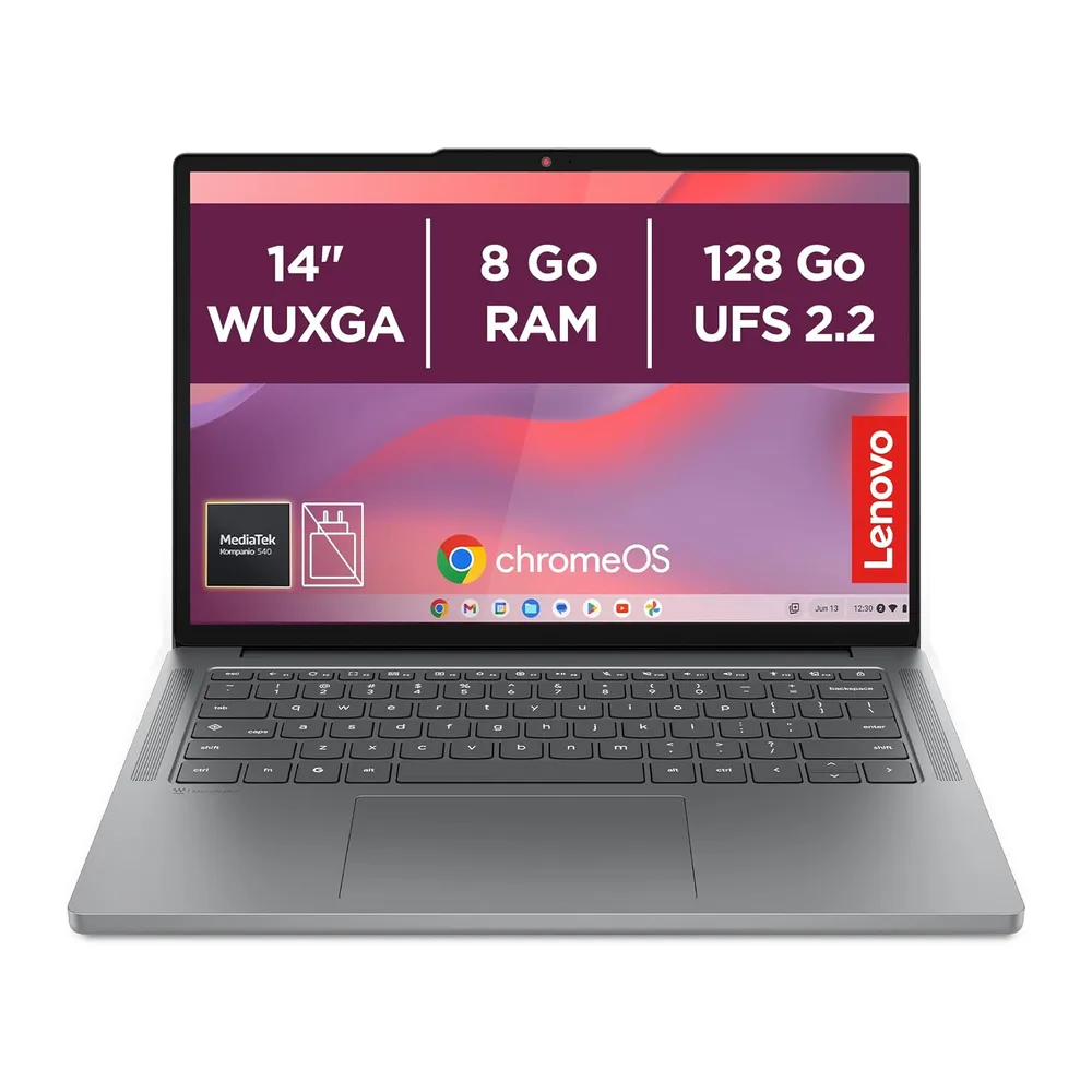 Lenovo Chromebook 14M8911 - Ordinateur Portable 14'' WUXGA (MediaTek Kompanio 540, RAM 8Go, SSD 128Go, Arm Mali-G57 MC2 